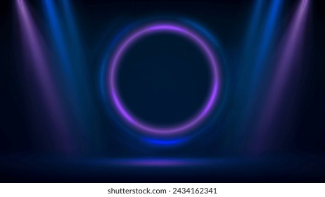 Fondo de foco azul púrpura rosa. Escenario, fondo de iluminación circular azul rosa. Anillo fluorescente claro sobre fondo oscuro. Marco redondo. Círculo violeta brillante. Fondo mostrando productos. Vector
