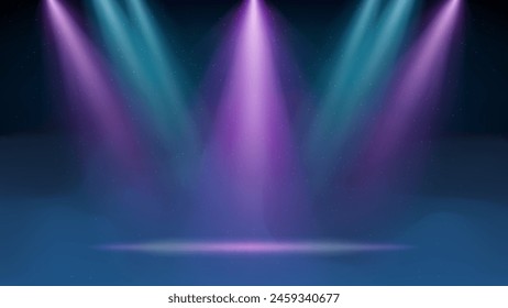 Pink blue purple spotlight backdrop. Illuminated stage with blue fog, smoke. Background for displaying products. Bright beams of spotlights, haze, particles, a spot of light. Vector illustration