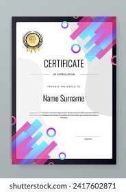 Pink blue and purple violet certificate of appreciation border template with luxury badge and modern line and shapes