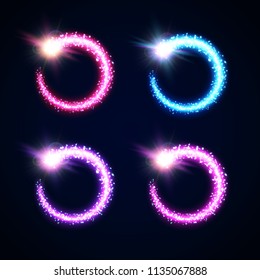Pink blue purple violet light glowing frames collection on dark night background. Colorful bright celebrating borders with star explosion flash fireworks set. Flying comets tail vector illustration.
