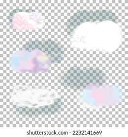 Pink, blue, purple and white clouds isolated on a transparent background. 3D realistic set of clouds. Vector illustration.