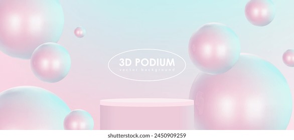 Pink and blue realistic cylindrical podium with a flying ball-sphere or bubble. Vector abstract studio with 3D geometric platform, minimal stage for product promotion.