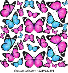 Pink and blue realistic flying monarch butterfly pattern on a white background. Vector illustration backdrop. Decorative texture print design. Colorful fairy wings template.