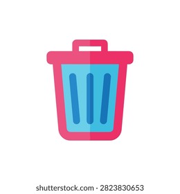 A pink and blue recycling bin with a handle and lid presented in simple flat graphic style on clean white backdrop for easy integration into digital or print projects.