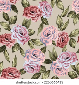 pink blue and red vector stock flowers with green leaf pattern on cream background