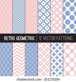 Pink Blue Retro Geometric Patterns. Rose Quartz and Serenity - 2016 Colors of the Year. Chevron, Diamond Lattice, Scallops and Circles. Vector EPS File's Pattern Swatches Made with Global Colors.