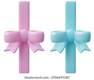 Pink and blue ribbons with bows 3d realistic vector illustrations. Cute baby shower and birthday clip art gift decorations for greeting cards and invitations.
