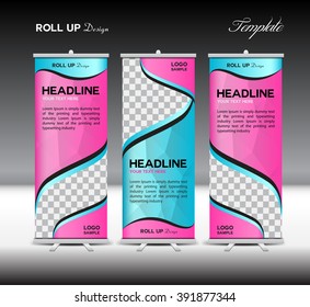 Pink and blue Roll Up Banner template vector illustration, stand template, advertisement, display, flyer design, polygon background