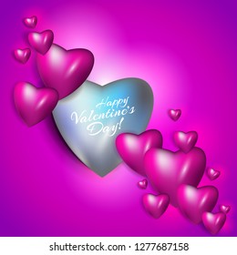 Pink and Blue Romantic Valentine Hearts - Vector Illustration. Greeting Card On A Glowing Pink Background With Big Free Space For Your Advertising, Your Message Or Decorative Element For Your Design