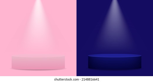 Pink and blue round podium. The pedestal. Searchlight. Vector illustration.