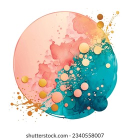 Pink blue round watercolor splash splatter stain brush strokes with 3d circles, gold glitter on white background. Trendy isolated painted design on white. Element. Vector watercolor illustration.