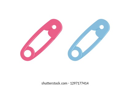 Pink and blue safety pins vector illustration collection for baby shower, craft or fix concept.