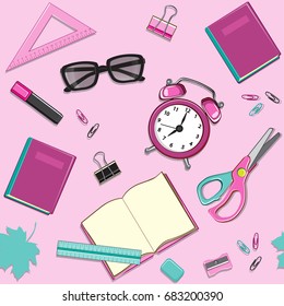 Pink and blue school subjects seamless pattern on a pink background