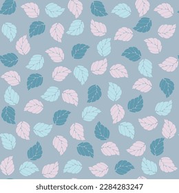 Pink blue and sea wave color leaves on gray background vector seamless pattern design for textile print or wrapping paper. Birch or aspen abstract leaves.