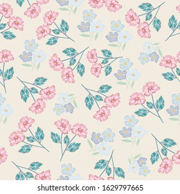 pink and blue seamless flowers pattern. Delicate petals and vibrant blossoms create an artistic and vintage botanical illustration. Perfect for wallpaper, fabric, wrapping paper and more.