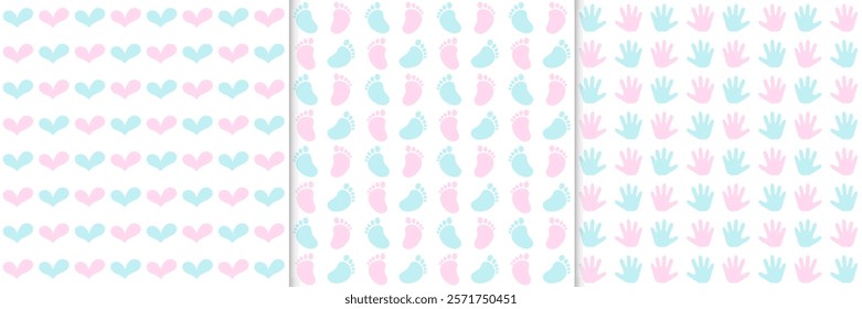 Pink and Blue Seamless Pattern Collection. Cute Baby Gender Reveal Party Backgrounds Set.