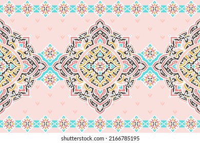 Rosa und blaues nahtloses Muster mit Mandala-Ornament. Traditionelle arabische, indische Motive. Ideal für Gewebe und Textilien, Tapeten, Verpackungen oder jede erwünschte Idee.