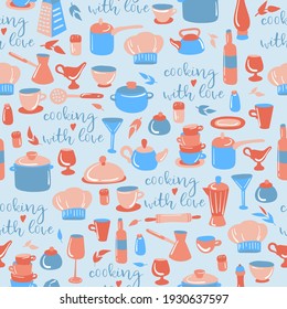 Pink and blue seamless vector pattern. Cooking with love. Kitchen utensils set. Recipe book. Can be used for wallpaper, pattern fills, textile, web page background, surface textures.