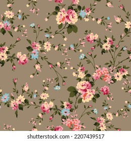 pink and blue seamless vector small flowers with green leaves pattern on brown background