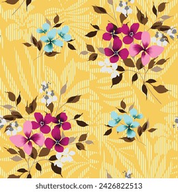 Rosa und blaue nahtlose Vektor kleine Stock Blumen mit braunen Blättern Bündel Muster auf Streifen gelben Hintergrund