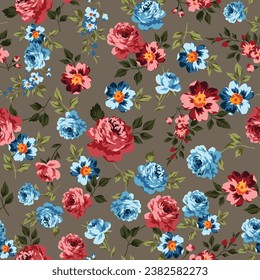 pink and blue seamless vector stock flowers with green leaves pattern on brown background