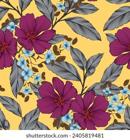 rosafarbene und blaue nahtlose Vektorgrafik-Stockblumen mit grauem Muster auf gelbem Hintergrund