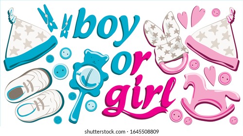 Pink and blue set for baby. He or She Lettering. Vector greeting card. 
Children's hats, shoes, toys, rattles, a horse, hearts and clothespins. 
Gender differences in newborns in color. Party find out