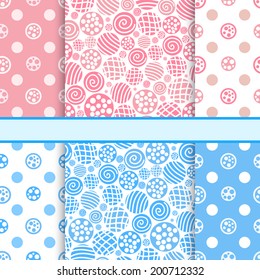 Pink and blue set of polka dot fabric seamless patterns - vector background or texture 