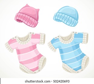 Pink and blue sets for baby coveralls and hat isolated object on a white background