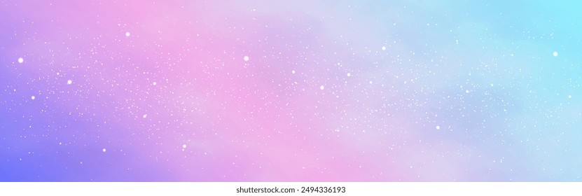 Pink and blue sky. Romantic clouds with stars. Fantasy dream wallpaper. Wide cute fairytale poster template. Magic gradient sky with glitter effect. Vector illustration.