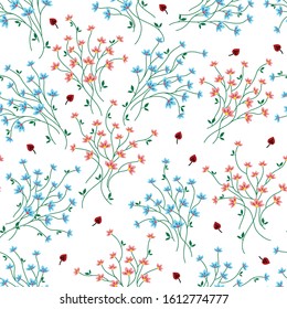 pink and blue small vector flowers bunches pattern of white