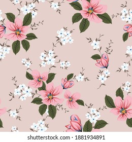 pink and blue small vector flowers leaves pattern on pink background
