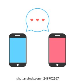pink and blue smartphones with double speech bubble. concept of billet-doux, electronic mail, romantic penpals. isolated on white background. flat style trendy modern logo design vector illustration