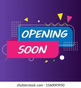 Pink and blue social media tag opening soon with purple gradient background. Ads banner template. Opening soon square banner Design. Opening soon label. Colorful Promotion banner, Sign, symbol, badge 