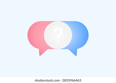 Pink and blue speech bubbles with question mark intersection icon. Vector illustration for relationship communication, couple dialogue, gender conversation, and QnA concept.