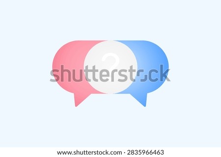 Pink and blue speech bubbles with question mark intersection icon. Vector illustration for relationship communication, couple dialogue, gender conversation, and QnA concept.