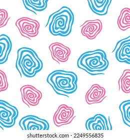Pink and blue spirals seamless vector pattern. Vector image on white background.