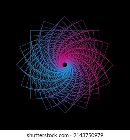 Pink and blue spirograph pattern on dark background. Spiral vortex on black backdrop. Universe objects. Isolated vector illustration on black background.