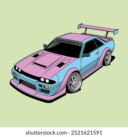 pink and blue sports car with a prominent rear spoiler, set against a pale green background