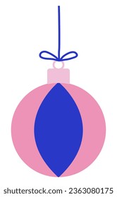 Pink blue striped festive ball, Christmas tree decoration toy, vector