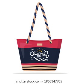 Pink and blue striped summer beach bag decorated with hand-lettering summer. Realistic vector illustration. Isolated icon pictogram.