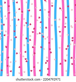 Pink Blue Striped Valentine Pattern With Pink And Red Hearts Vector Illustration