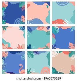 Pink and Blue Summer Fun Pool Party Collection. Set of modern summer sale social media post templates, abstract summer beach design with flamingo, rainbows, tropical leaves and liquid organic shapes