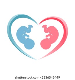 Pink and blue symbol of a newborn fetus in a heart. Newborn icon, sticker, postcard, vector	
