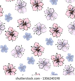 Pink and blue tender spring flowers , floral seamless pattern on white background