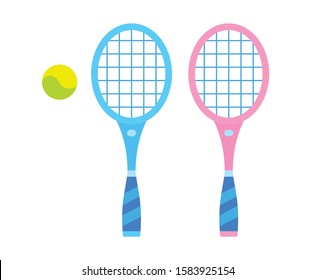 Pink and blue tennis racket and ball isolated flat vector icon