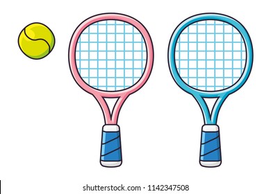 Pink and blue tennis rackets and ball isolated