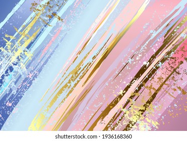 Pink and blue textured background, painted with large brush strokes, decorated with gold foil. Grunge Texture. 