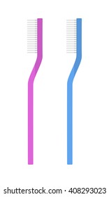 Pink, blue toothbrushes. Care of teeth, mouth. Flat color icons