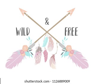 Pink blue triangle invitation card with feather,flower,leaf,arrow and frame